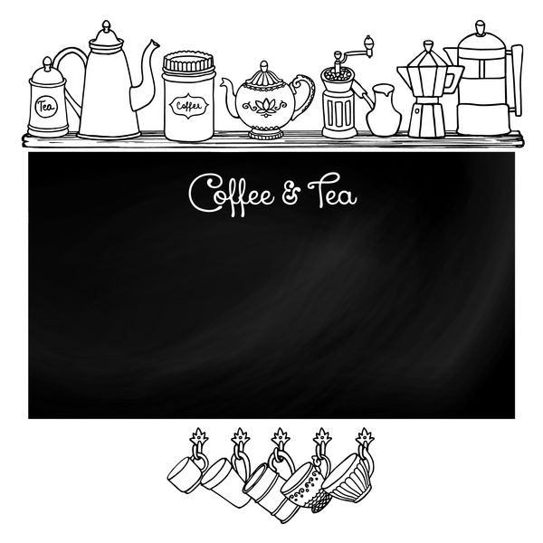 بنر طرح دار قهوه و چای برای منو قاب نمای جانبی با ظروف برای طراحی تخته گچ برای کافه