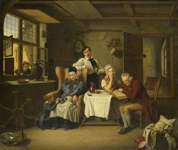 کتابخوانی توسط ادوارد کارل گوستاو لبرشت پیستوریوس 1831 نقاشی هلندی روغن روی بوم صحنه ژانر عبادت خانواده در خانه این هنرمند شامل جزییاتی از عبارات شکل و تصویر خانگی و خانواده است