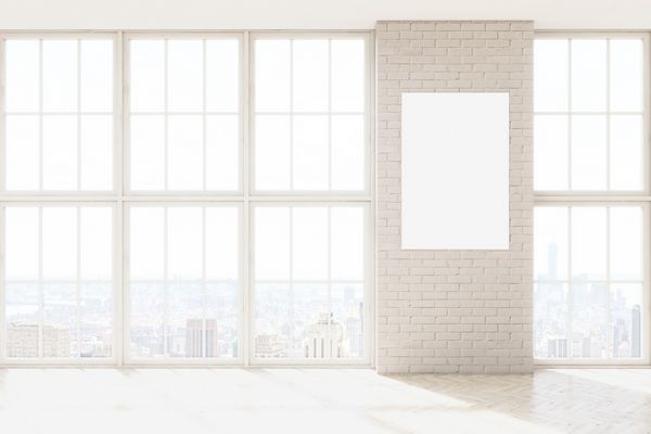 پوستر خالی روی دیوار آجری سفید پنجره های پانوراما از دو طرف مدل آزمایشگاهی ماکت رندر سه بعدی