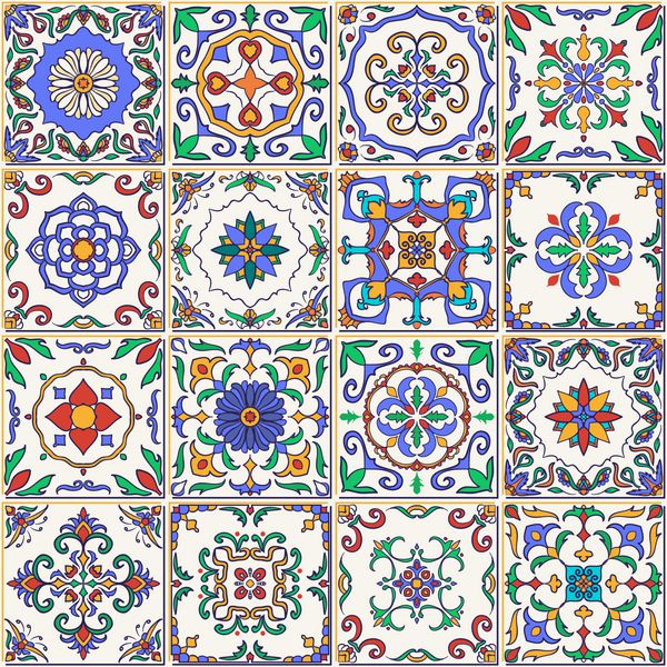 وکتور بدون درز بافت الگوی زیبا وصله دار برای طراحی و مد با عناصر تزئینی مجموعه کاشی های پرتغالی Azulejo Talavera زیور آلات مراکش