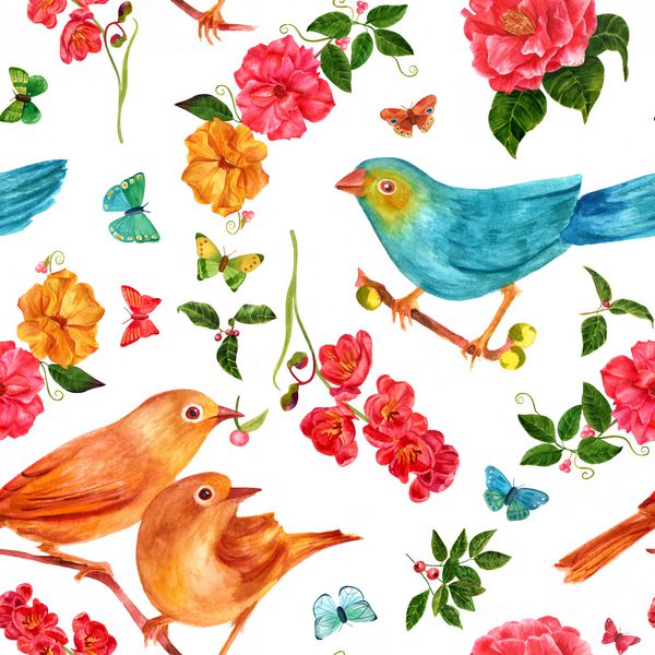 یک الگوی پس زمینه بدون درز به سبک ویکتوریایی با پرندگان آبرنگ گل میوه و پروانه ها با دست کشیده شده است