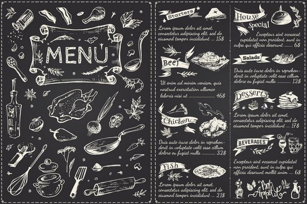صفحه عنوان و فهرست منو برای رستوران آیکون های مواد غذایی گچ بردار روی تخته سیاه طراحی روند پرنعمت وسایل آشپزخانه مرغ سبزیجات ماهی دسر نوشیدنی ادویه جات ترشی جات نوش جان
