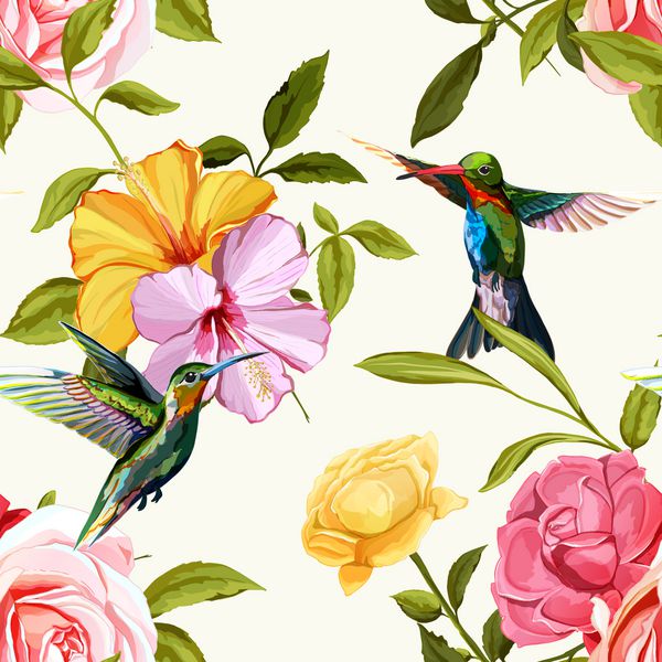 پرنده زمزمه گل رزهای چینی و کلاسیک روی رنگ سفید الگوی پس زمینه بدون درز عناصر کشیده شده دستی وکتور سهام