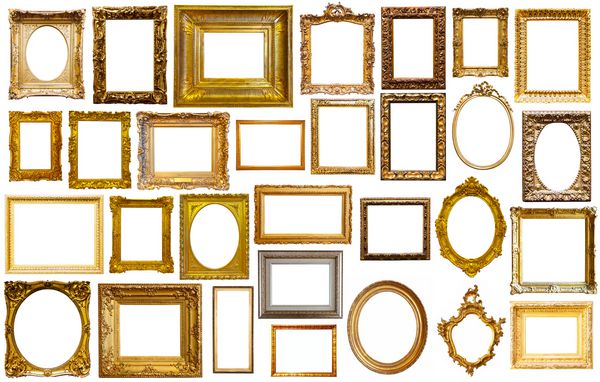 مجموعه ای از قاب های هنری و طلایی و نقره ای و قاب عکس جدا شده در پس زمینه سفید
