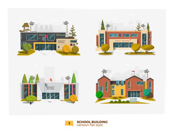 ساختمان چهار مدرسه به سبک کارتونی تخت