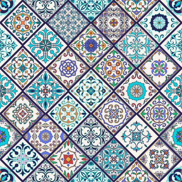 وکتور بدون درز بافت الگوی زیبا وصله ای مگا زیبا برای طراحی و مد با عناصر تزئینی کاشی های پرتغالی Azulejo Talavera زیور آلات مراکش به شکل لوزی