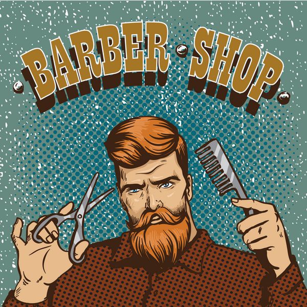 تصویر برداری پوستر فروشگاه آرایشگری آرایشگر آرایشگر Hipster با طراحی فروشگاه قیچی در سبک هنر پاپ پرنعمت