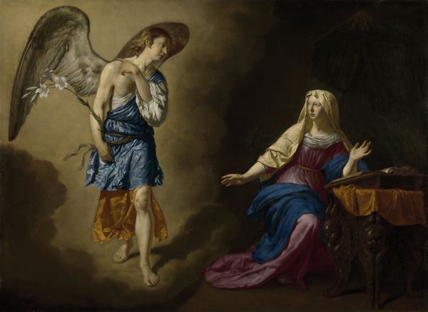 اعلامیه توسط Adriaen van de Velde 1667 نقاشی هلندی روغن روی بوم فرشته ایستاده روی ابر فرشته به مریم اعلام می کند که فرزند خدا را تصور خواهد کرد و تحمل خواهد کرد هنرمند این دیوانه را به تصویر می کشد