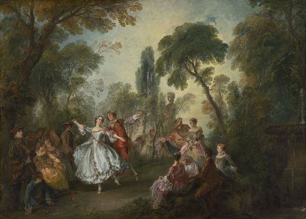 لا کامارگو توسط نیکلاس لانکرت 1730 نقاشی فرانسه روغن روی بوم تماشاگران با لباس شیک در گروه های کوچک جمع می شوند تا تماشا کنند یک زوج در حال اجرا pas deux است خانم زن