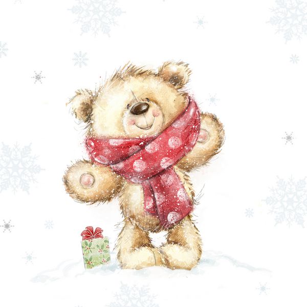 تصویر کودکانه لبخند زدن خرس تدی در روسری با جعبه هدیه طراحی کارت تبریک کریسمس