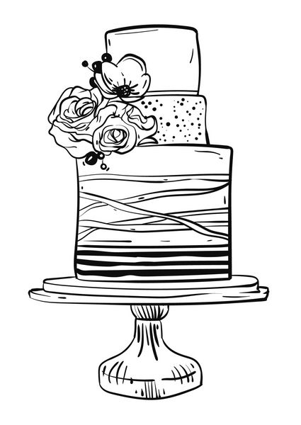 کشیده شده تصویر برداری گرافیکی کیک عروسی بزرگ با نوارها و گلهای جدا شده در پس زمینه سفید نماد نانوایی