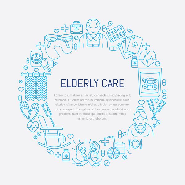 نماد وکتور خط مدرن مراقبت از سالمندان و سالمندان قالب پوستر پزشکی با تصویر سالخوردگان صندلی چرخدار اوقات فراغت دکمه تماس بیمارستان بنر خطی با سکته مغزی قابل ویرایش
