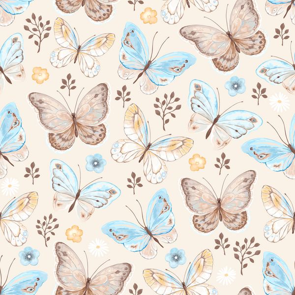 الگوی بدون درز با پروانه ها و گل های آبی زرد بژ و قهوه ای تصویر برداری به سبک پرنعمت