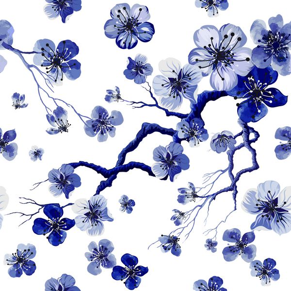 الگوی شرقی آبرنگ با شاخه ساکورا بافت شرقی یکپارچه با شکوفه گیلاس دستی جدا شده زمینه طبیعی آسیا در وکتور