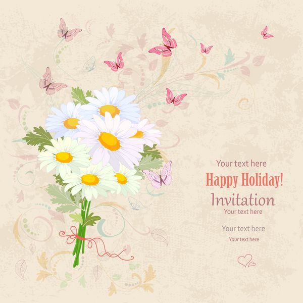 دسته گل های زیبا از گلهای مروارید تازه با پروانه های پرنده در پس زمینه grunge کارت دعوت پرنعمت برای طراحی شما