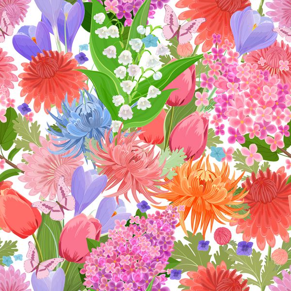 بافت بدون درز رنگارنگ با گلها و پروانه ها مخلوط گل برای طراحی شما