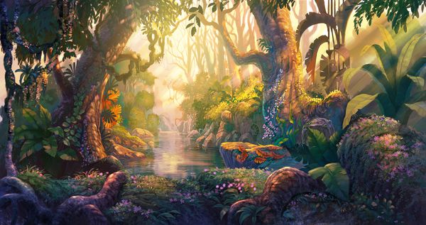 غروب خورشید در نقاشی جنگلی فانتزی