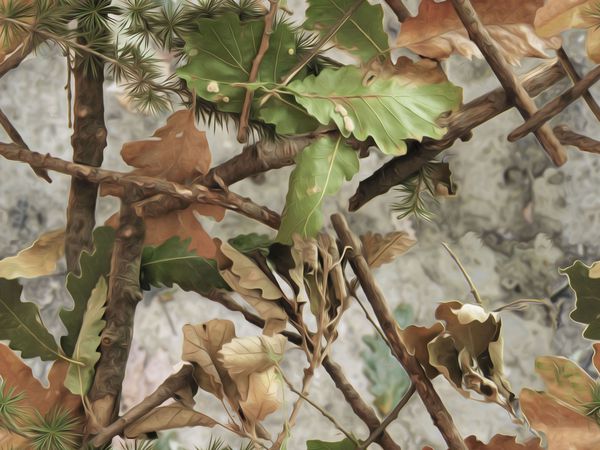 استتار جنگلی واقع گرایانه الگوی بدون درز شاخه ها برگ بلوط سبز و قهوه ای قابل استفاده برای شکار و اهداف نظامی