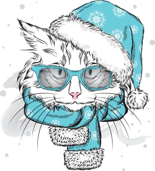 گربه خنده دار در یک کلاه و روسری کریسمس تصویر برداری برای کارت یا پوستر چاپ روی لباس سال نو و کریسمس