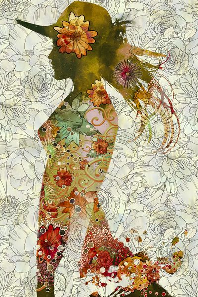 قرار گرفتن در معرض مضاعف زن با کلاه و گلهای رنگارنگ در زمینه گل نقاشی مصور