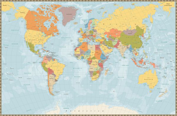 نقشه جهانی سیاسی پر رنگ و باریک دقیق با دریاچه ها و رودخانه ها تصویر برداری کاملاً دقیق از نقشه جهانی