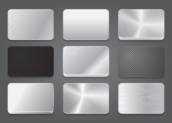 نمادهای کارت با پس زمینه فلزی برنامه فلزی آیکون های فلزی تنظیم شده است آیکون های دکمه پلاتین تصویر برداری