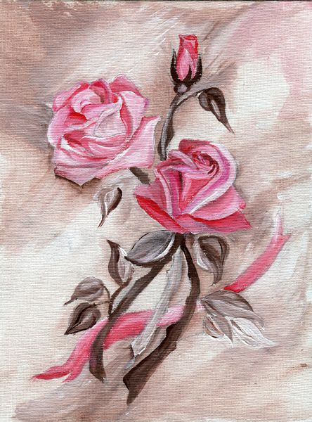 گل رز و جوانه صورتی با نوار نقاشی روی بوم