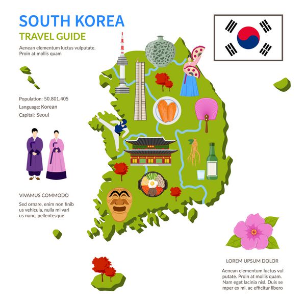 راهنمای سفر کره جنوبی برای پوسترهای اینفوگرافیک مسطح با توریست ها با علائم نقشه کشور و نمادهای فرهنگی وکتور نمادهای فرهنگی