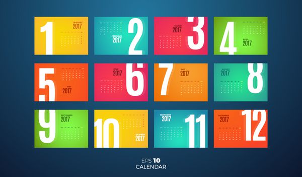 تقویم ماهانه و یا میز اداری تقویم ماهانه سال 2017 قالب وکتور eps10 با صفحات افقی