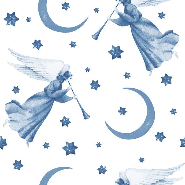 نقاشی دستی آبرنگ های پرنده با پرواز با ستاره و ماه الگوی بدون درز