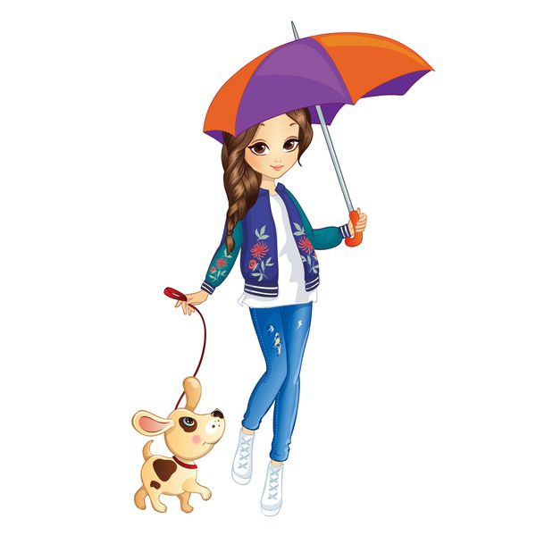 تصویر برداری دختر شهر مد در راه رفتن با سگ و نگه داشتن چتر