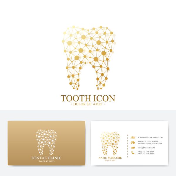 الگوی چاپ کارت ویزیت حق بیمه بازدید از کارتن کلینیک دندانپزشکی با آرم دندان مطب دندانپزشکی مراقبت از دهان ایمپلنت های دندانی لوگوی دندان طلایی طراحی پزشکی