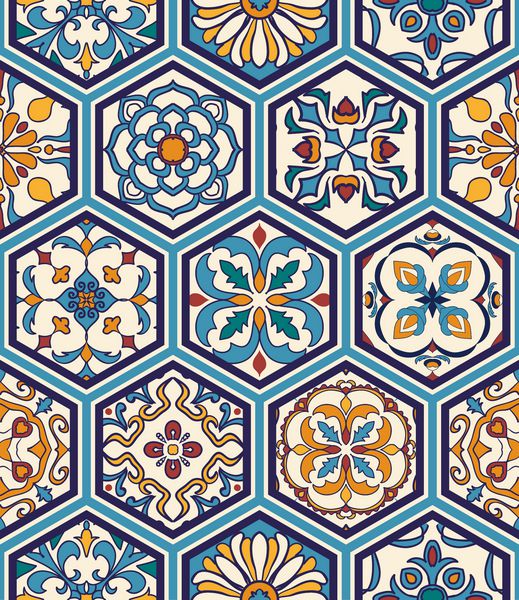 وکتور بدون درز بافت الگوی زیبا وصله ای مگا زیبا برای طراحی و مد با عناصر تزئینی در شش گوش کاشی های پرتغالی Azulejo زیور آلات مراکش