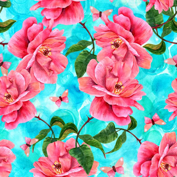 الگوی یکپارچه با نقاشی با آبرنگ گل رز صورتی شکوفه و پروانه ای دستی که بر روی یک پس زمینه اشک در سبک هنر گیاه شناسی پرنعمت نقاشی شده است