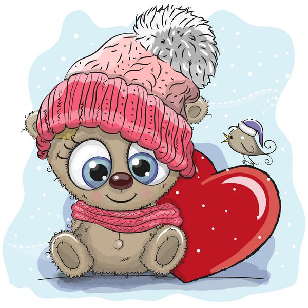 کارتون ناز عروسکی تدی در یک کلاه بافتنی و یک قلب