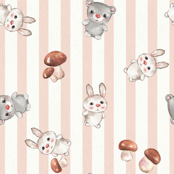 زمینه با خرگوش و تزیین شده بر روی کاغذ الگوی یکپارچه با حیوانات کارتونی 10 نقاشی با آبرنگ