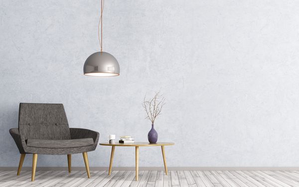 فضای داخلی اتاق نشیمن با میز قهوه مثلثی چوبی لامپ و صندلی سیاه و سفید رندر سه بعدی