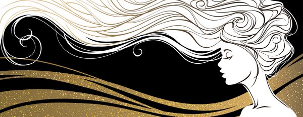 شبح زیبا از زن موی بلند با زمینه سیاه و طلایی طراحی مفهوم برای سالن های زیبایی آبگرم لوازم آرایشی صنعت مد و زیبایی