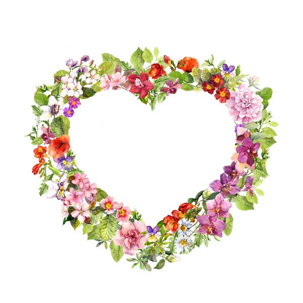 تاج گل شکل قلب گلهای تابستانی گیاهان علفزار علفهای وحشی آبرنگ برای روز عروسی