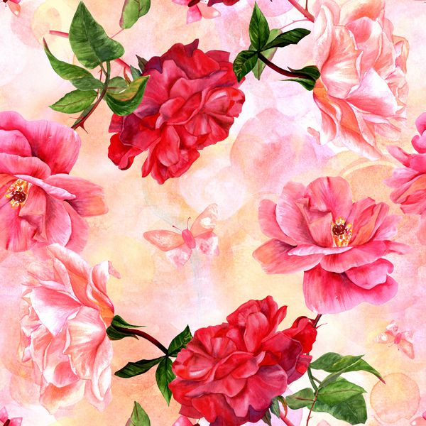 الگوی بدون درز با نقاشی های آبرنگ از گل رز و پروانه های گل های قرمز و صورتی شکوفه دست نقاشی شده روی زمینه پاستیل به سبک هنر گیاه شناسی پرنعمت