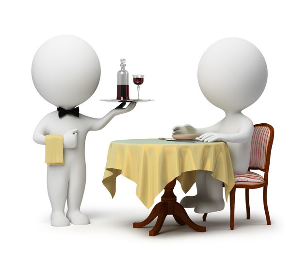 افراد کوچک سه بعدی مشتری که در یک میز نشسته و پیشخدمت با یک سینی تصویر سه بعدی زمینه سفید جدا شده
