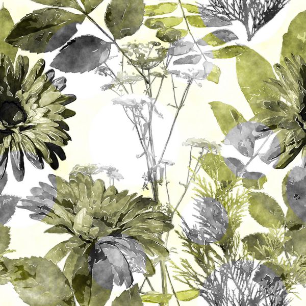الگوی گل و گیاه آبرنگ پرنعمت گل بدون درز با طلای سبز تک رنگ و asters خاکستری برگ ها و چمن ها در زمینه سفید