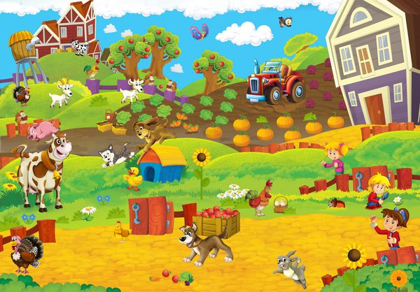 کارتون مزرعه صحنه با حیوانات مختلف گربه خرگوش بز بوقلمون بوقلمون و دیگر تصویر برای کودکان