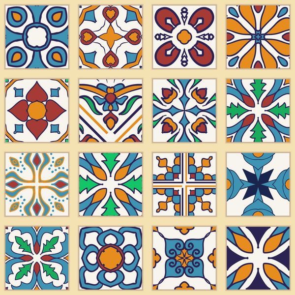 مجموعه وکتور کاشی های پرتغالی مجموعه الگوهای رنگی برای طراحی و مد زیورآلات Azulejo اسپانیایی مراکش