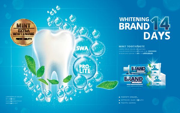سفید کردن تبلیغات خمیردندان دندان سفید درخشان با برگهای نعنا و حباب های جدا شده در زمینه آبی در تصویر 3 بعدی