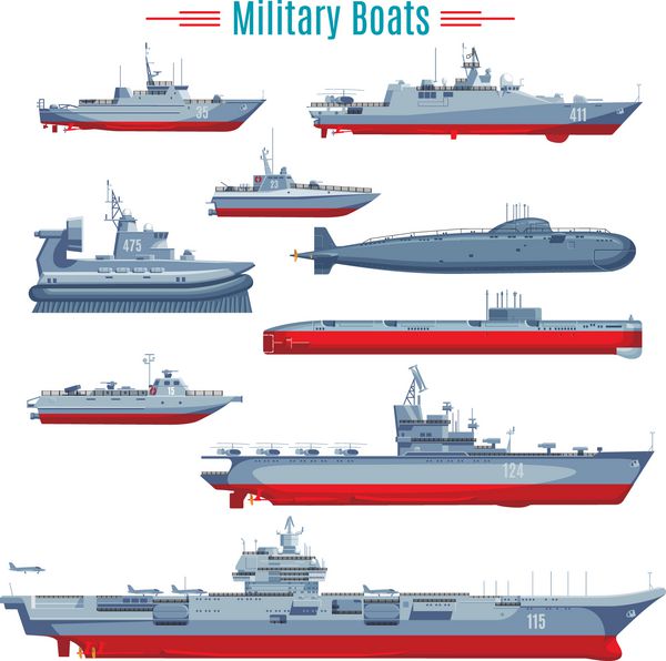 مجموعه قایق های نظامی با انواع مختلف ناوچه های کشتی رزمی دریایی و تصویر برداری جدا شده از زیردریایی