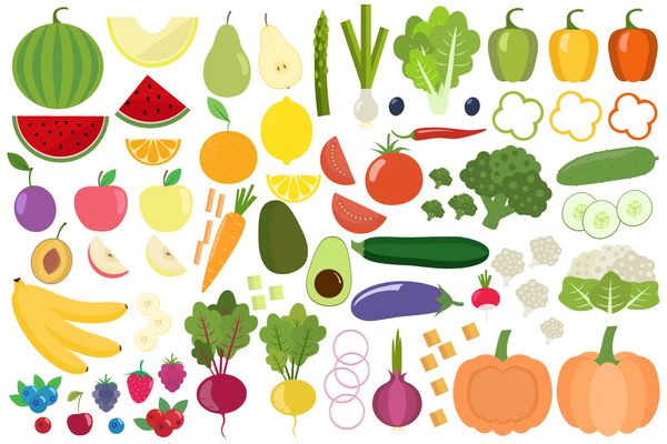 مجموعه سبزیجات سالم میوه و انواع توت ها جدا شده برش های میوه و سبزیجات طراحی تخت تصویر مزرعه آلی عناصر طراحی بردار سبک زندگی سالم