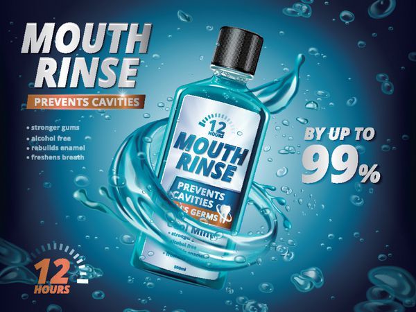 تبلیغات شستشوی دهان طراوت محصول دهانشویه با مایعات و حباب های پاشش در تصویر سه بعدی پس زمینه آبی