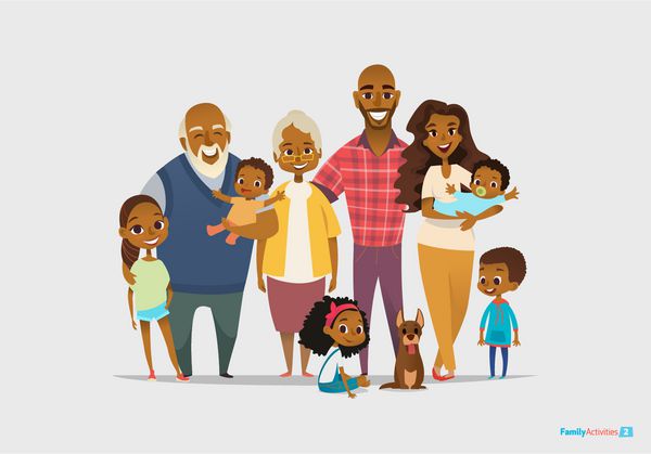 پرتره بزرگ خانواده مبارک سه نسل پدربزرگ و مادربزرگ والدین و فرزندان در سنین مختلف با هم لبخند شخصیت های کارتونی تصویر برداری برای پوستر کارت تبریک وب سایت آگهی