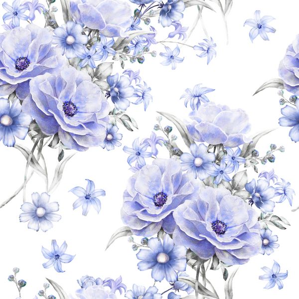 الگوی یکپارچه با گل ها و برگ های آبی با زمینه سفید الگوی گل آبرنگ به رنگ پاستیل برای کاغذ دیواری کارت یا پارچه گل رز طراحی پارچه